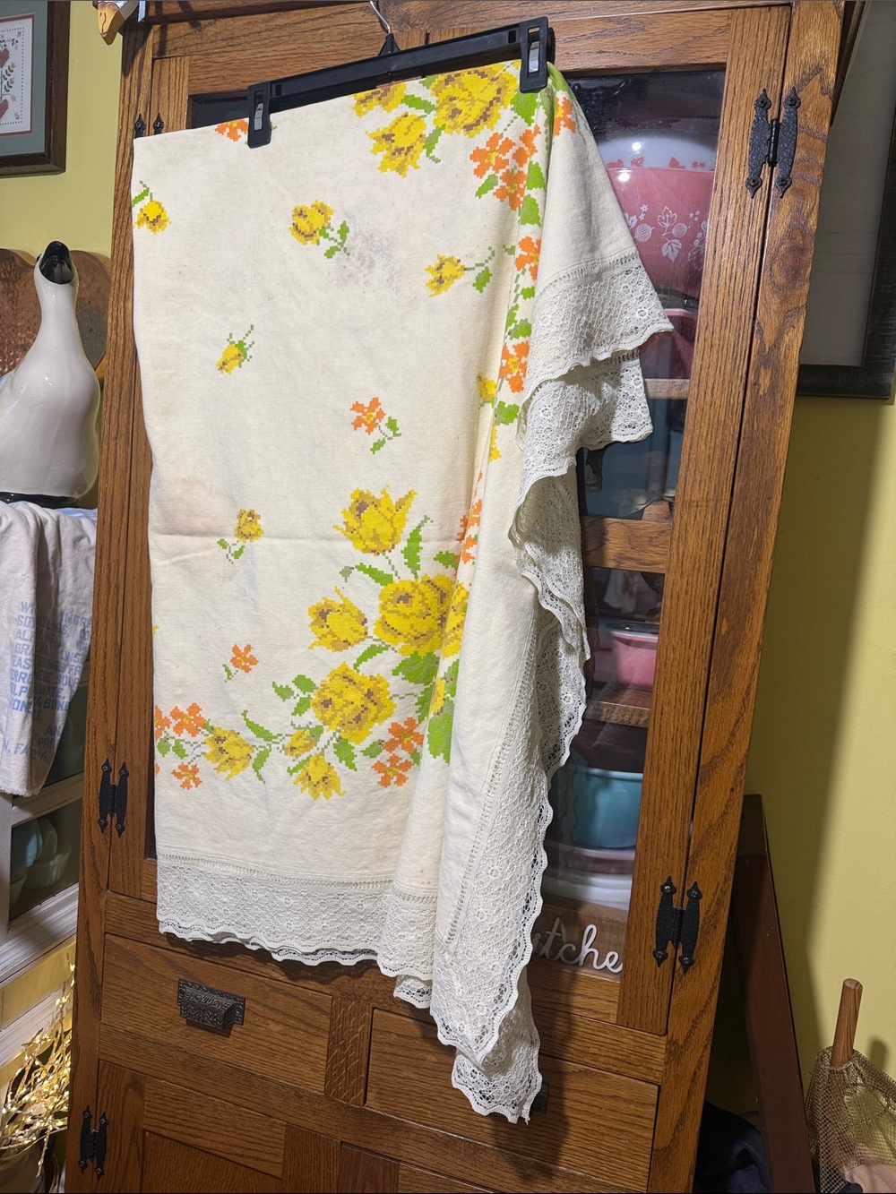 Vintage antique cross stitch fabric and lace yellow floral tablecloth 66x57